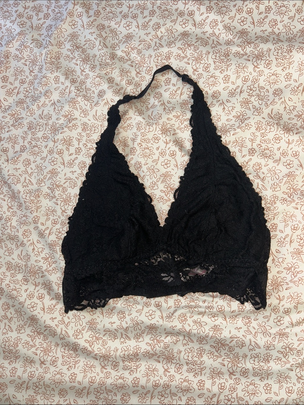 VS PINK Black Floral Lace Halter Bralette - Women Intimates